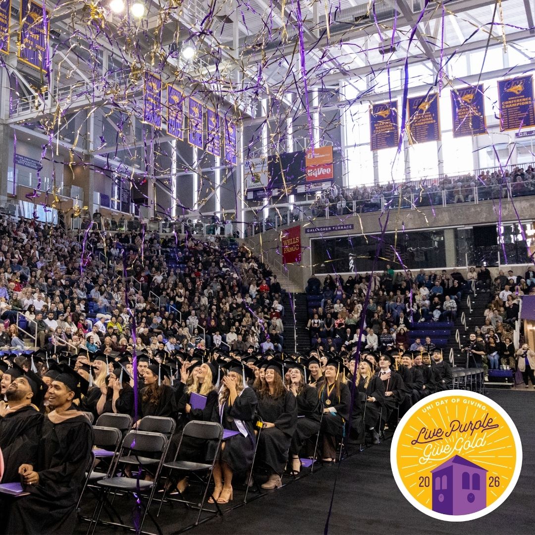 Students at Commencement with confetti falling around them, and the Live Purple Give Gold logo in the bottom right corner.
