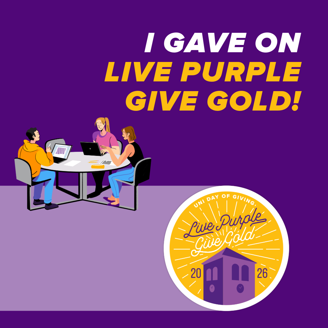 A graphic saying "I gave on Live Purple Give Gold with the Live Purple Give Gold logo in the bottom right corner and a students sitting at an outside table graphic on the middle left side.
