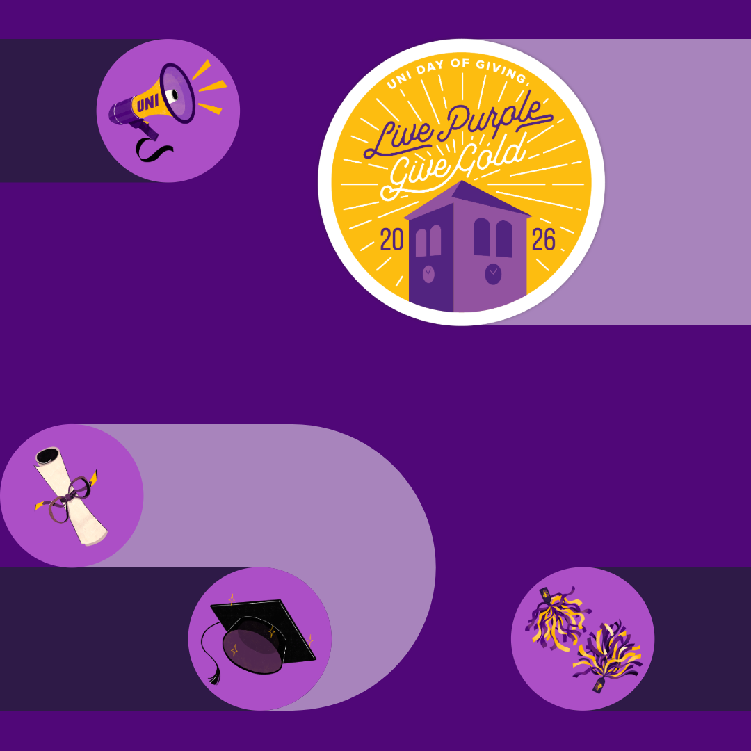 Graphic with the Live Purple Give Gold logo in the top right corner, a pom pom graphic in the bottom right corner, a rolled up diploma and mortarboard graphics in the bottom left corner, and a megaphone graphic in the top left corner.