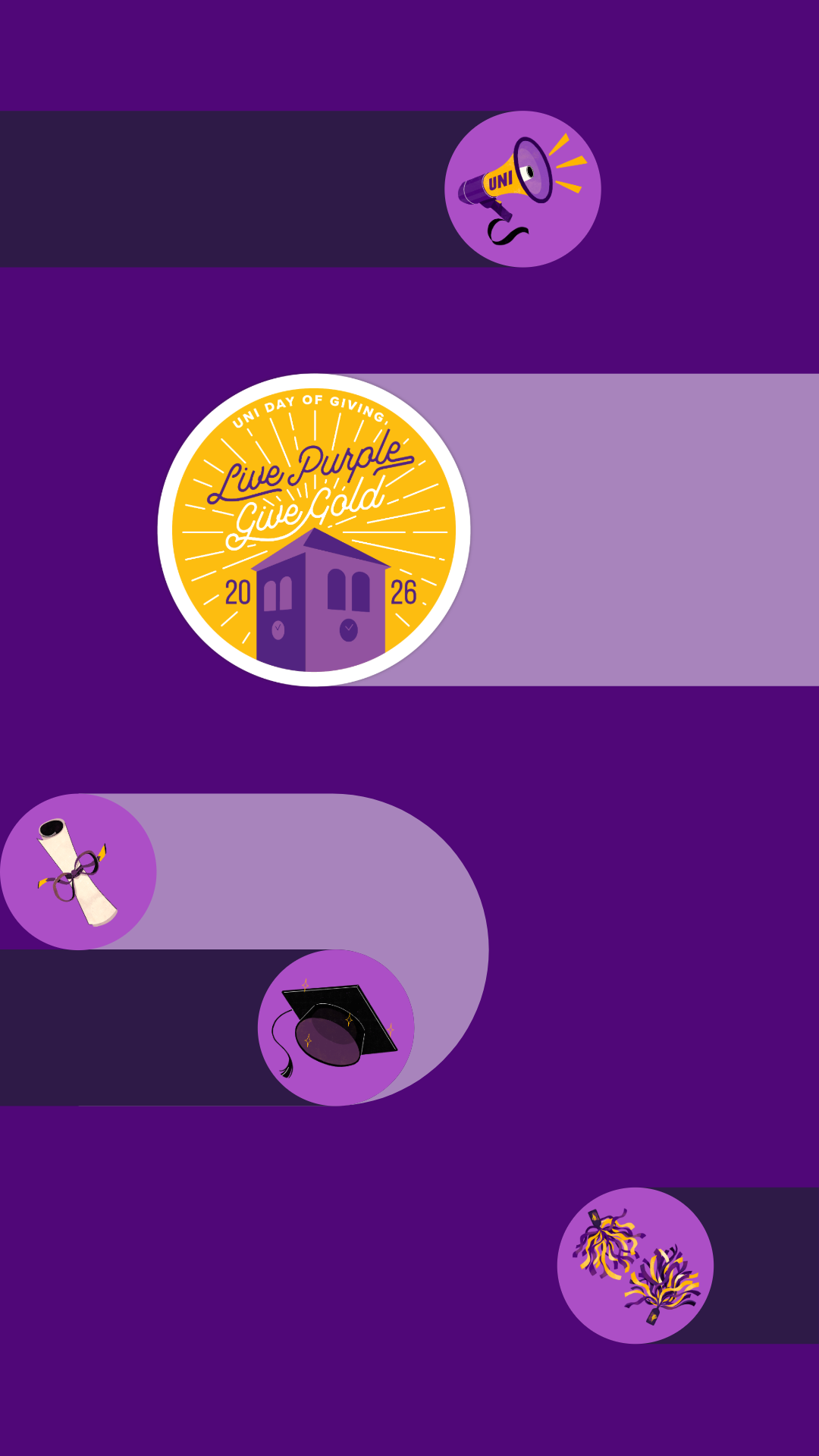 A purple graphic with various UNI illustrations and the Live Purple Give Gold logo.