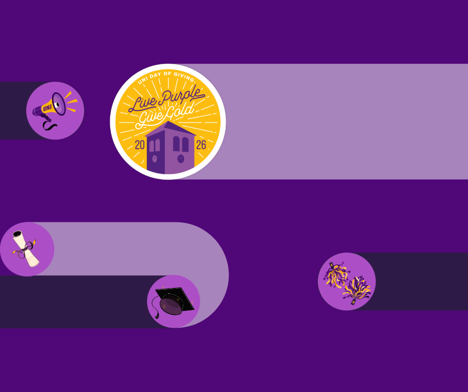 A purple graphic with various UNI illustrations and the Live Purple Give Gold logo.