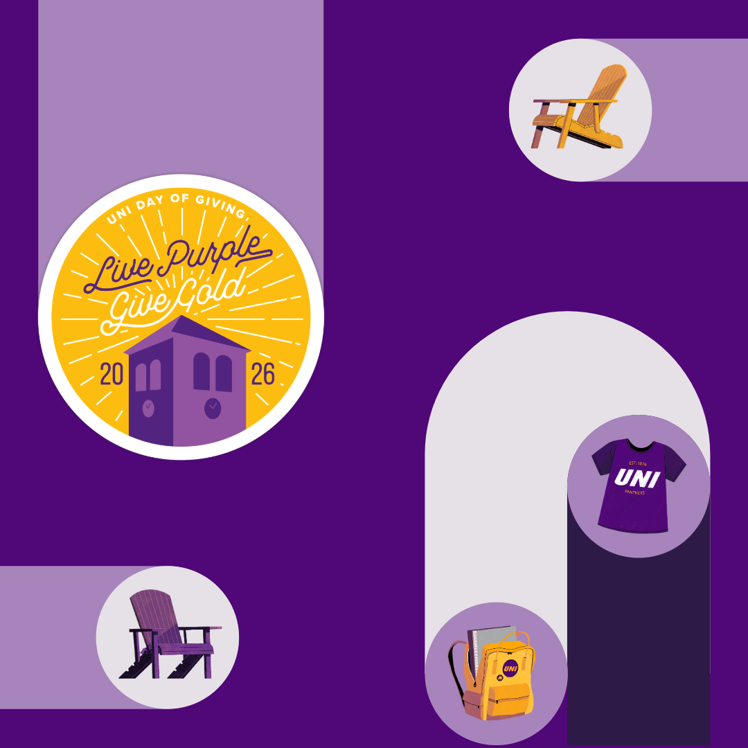 Graphic with the Live Purple Give Gold logo in the top left corner, a yellow Adirondack graphic in the top right corner, a purple UNI shirt and yellow backpack graphics in the bottom right corner, and a purple Adirondack graphic in the bottom left corner.