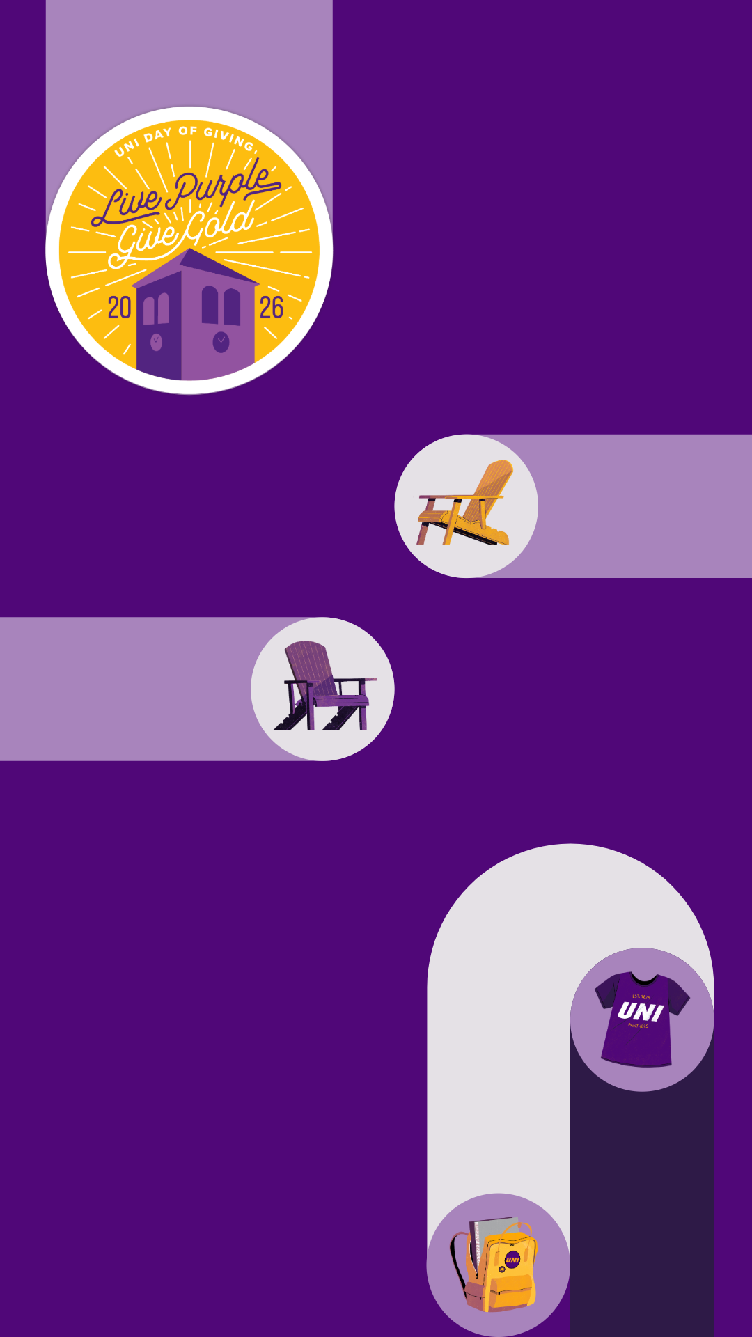 A purple graphic with various UNI illustrations and the Live Purple Give Gold logo.