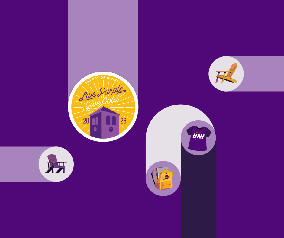 A purple graphic with various UNI illustrations and the Live Purple Give Gold logo.