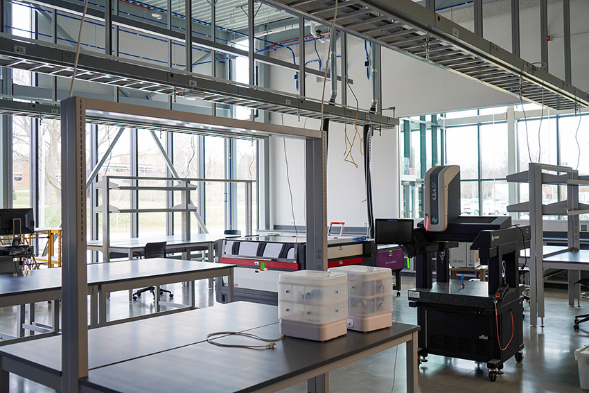 A partially assembled classroom in the new wing of the Applied Engineering Building
