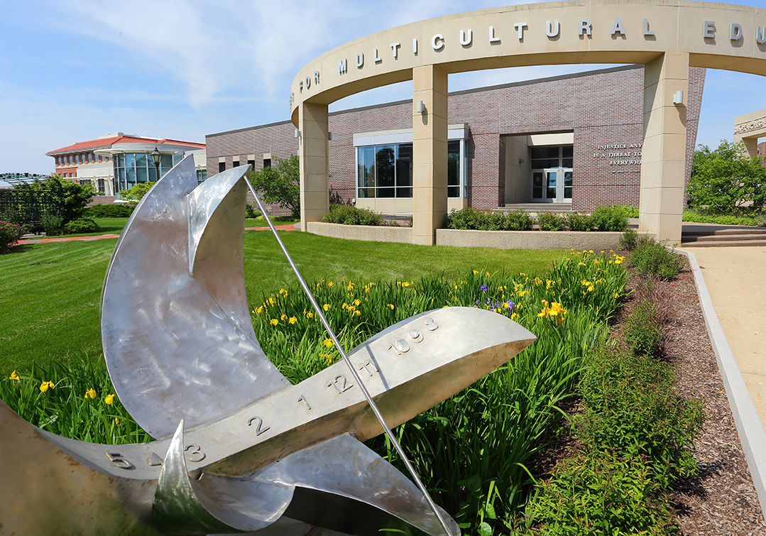 Sundial sculpture in the University of Northern Iowa memorial garden